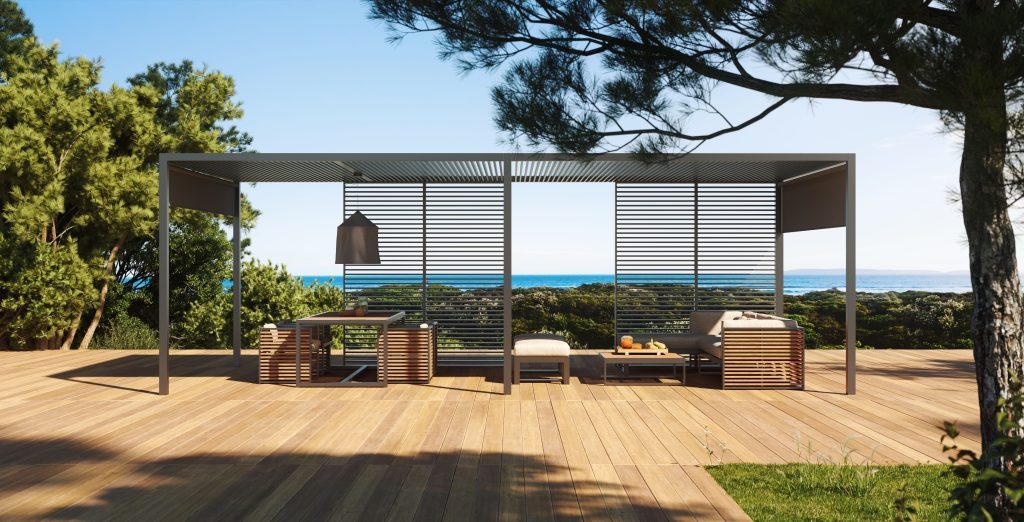 Pergola bioclimatique sur une terrasse en bois
