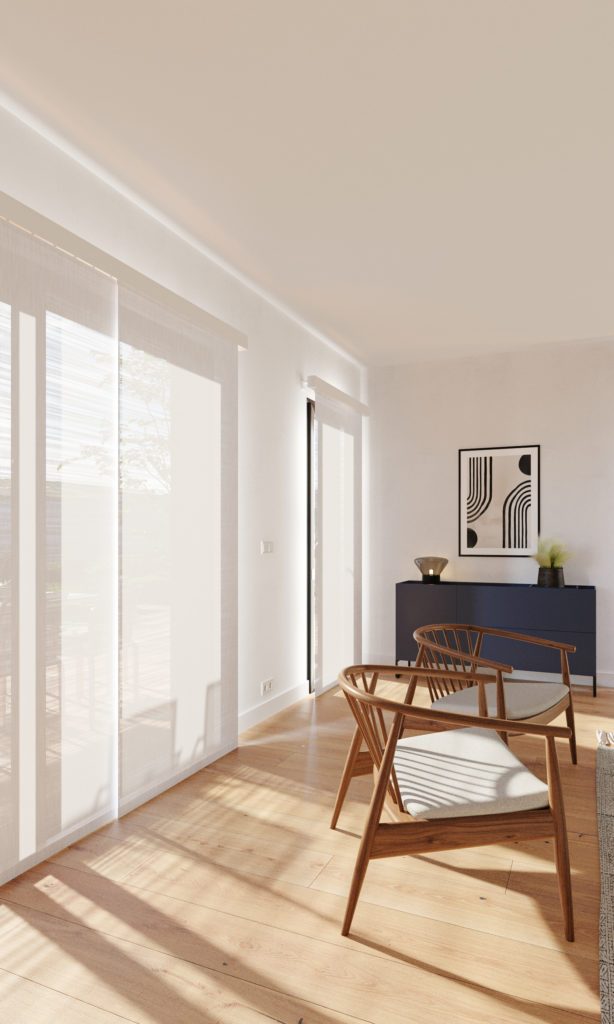 White japanese panels closed with Soltis Touch Jasmin fabric in a living room