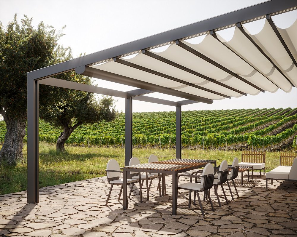 Soltis 88 on a pergola with retractable awnings